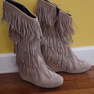 Kelton Suede leather beige fringe tall boots size 37 Made in Italy